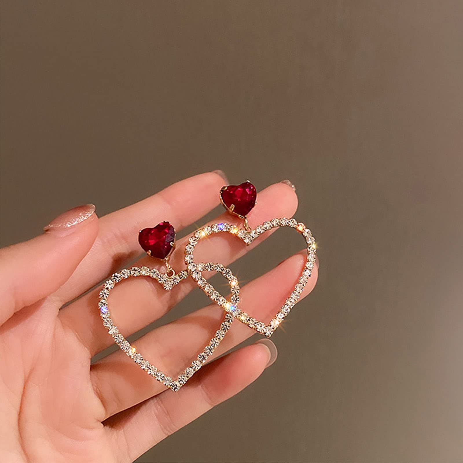 Orecchini A Goccia Cuore Boho In Cristallo Rosso Rubino, Perno Con Strass, Oro, Per Matrimonio E Feste - 5