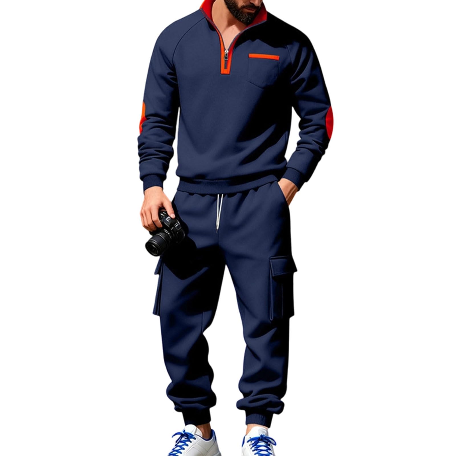 Greabuy Conjunto deportivo de 2 piezas para hombre: sudadera con cremallera de un cuarto y overol transpirable y pantalones deportivos cónicos para entrenamiento