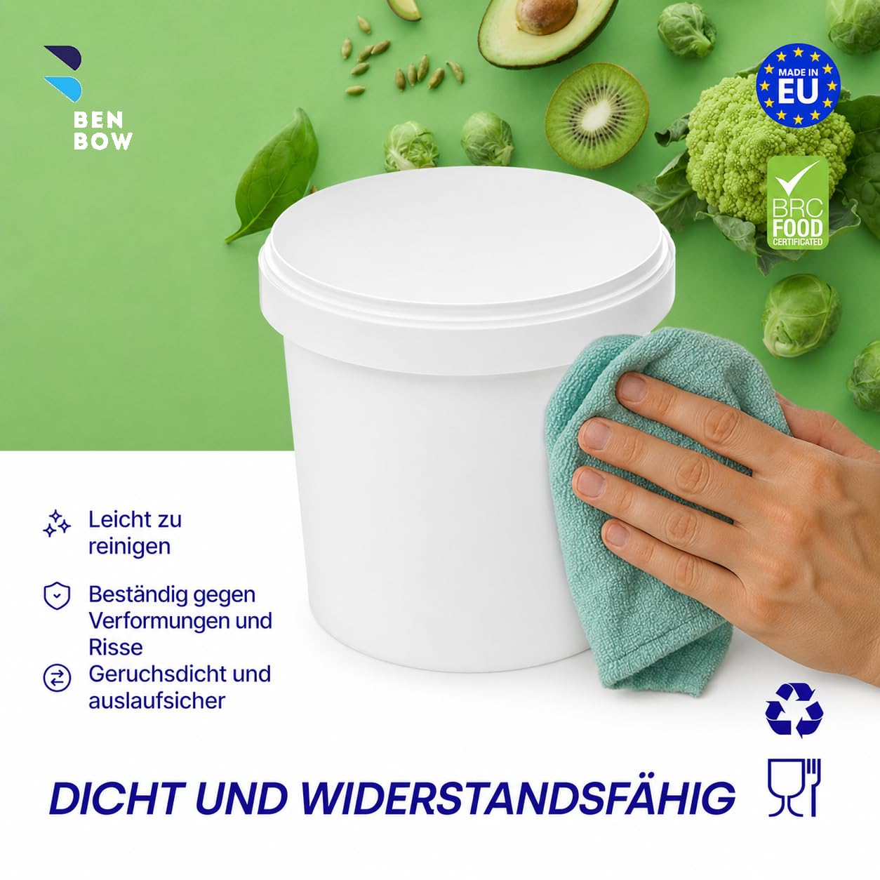 BenBow Eimer mit Deckel 1 l weiß 100x1 l, lebensmittelecht, stabil, lee