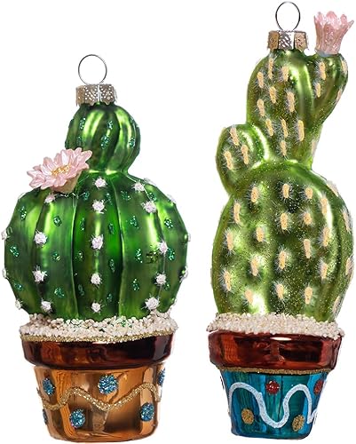 Juego de 2 adornos de cactus de vidrio soplado a mano para árbol de Navidad, adorno de cactus de vidrio colgante