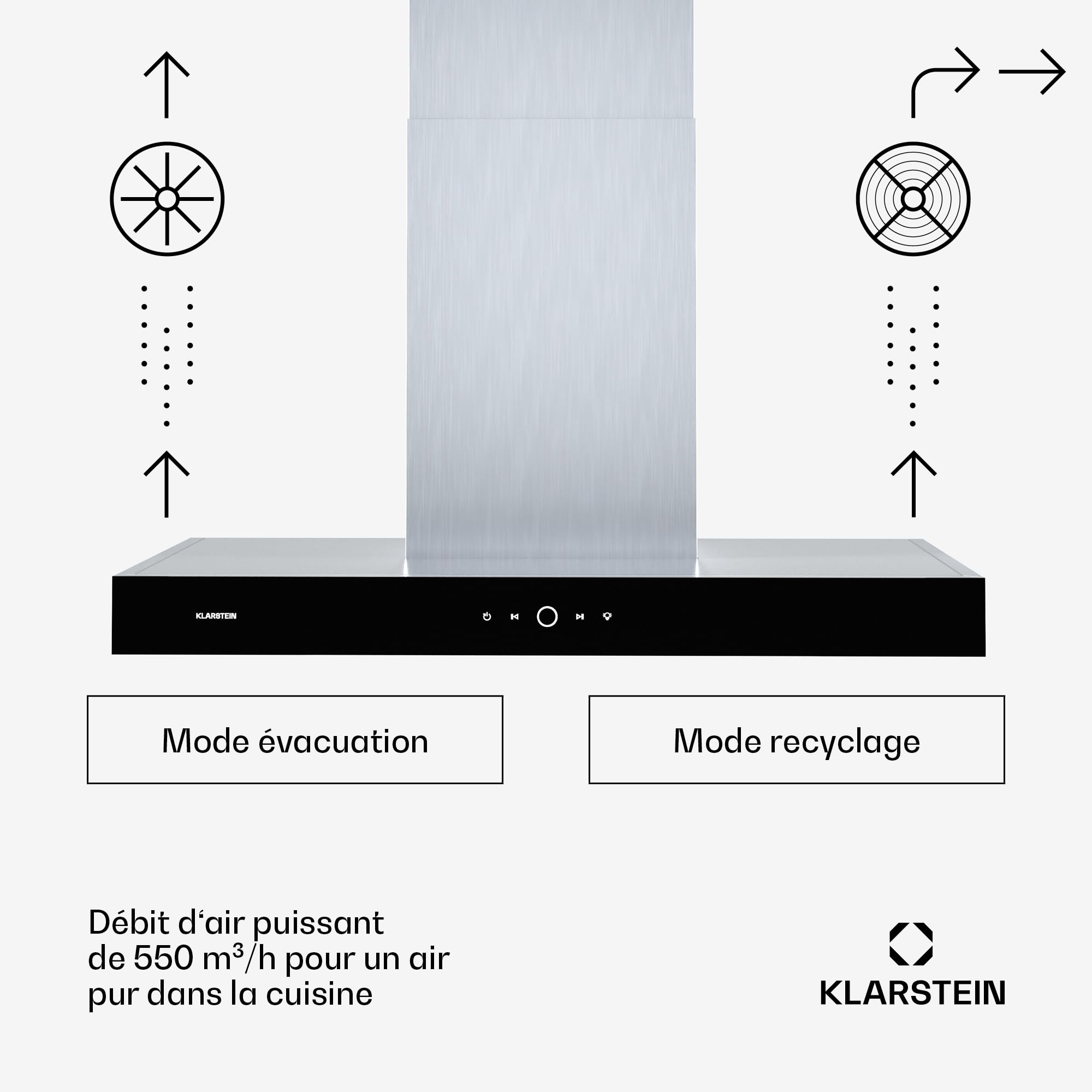 Klarstein SmartEdge Hotte Aspirante - 90 cm, Wi-Fi, 550 m³/h, CEE A+, LED, Silencieuse 34 dB, Tactile, Hotte Cuisine, Inox