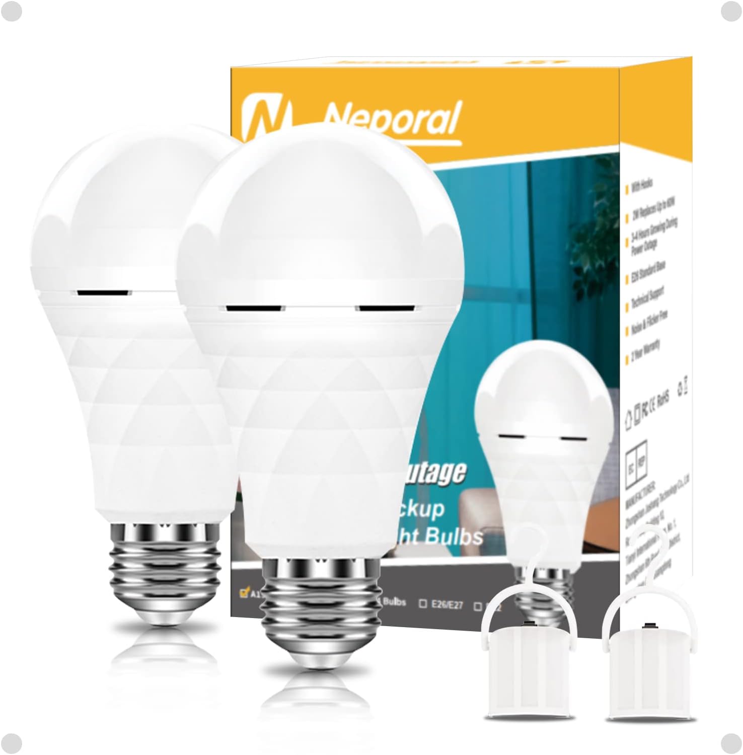 Neporal A19 Rechargeable Light Bulbs, Socket Rechargeable Emergency Light Bulb for Power Failure, 1200mAh Battery Backup Light Bulbs for Home, Hurricane, Led Bulb 60 Watt Equiv. (Daylight-2 PK)