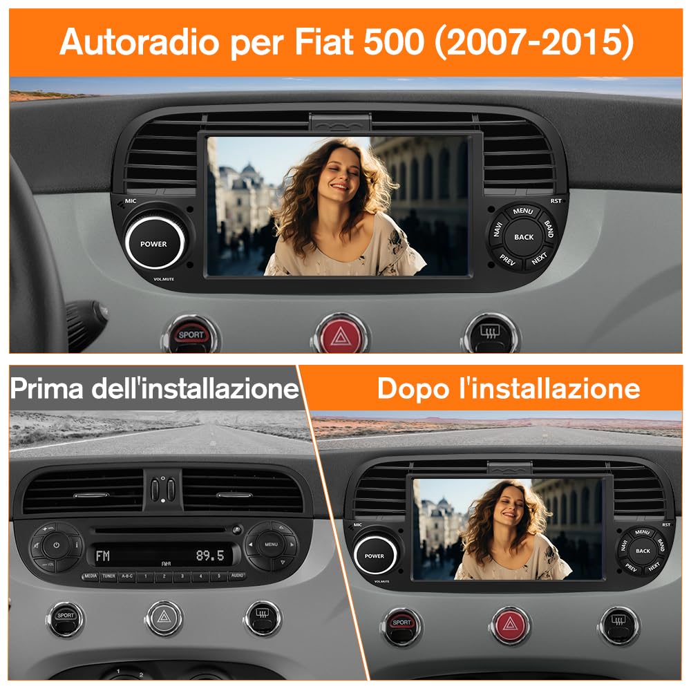 Autoradio per Fiat 500 (2007-2015) Android 13 Car Radio (2+64GB) con CarPlay Android Auto GPS BT Comandi al Volante FM RDS + Fotocamera Posteriore (Nero)