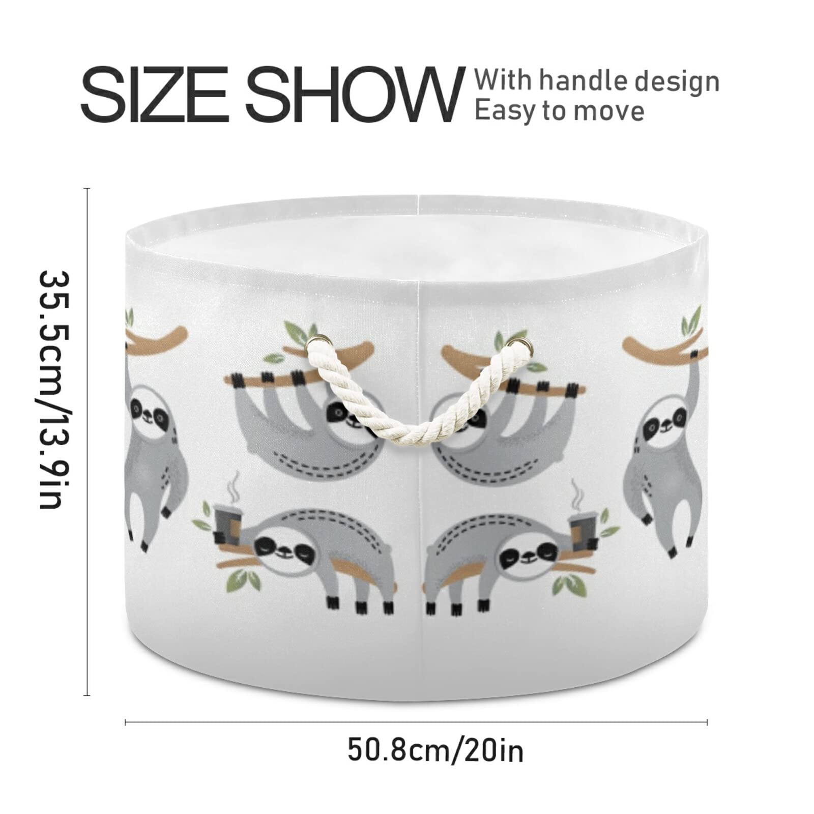 Oyihfvs Cute Grey Sloths on Tree Branches with Green Leaves on White Round Storage Basket Waterproof Print Collapsible Fabric Cube with Cotton Rope Handles Laundry Bag Organizer Toys Clothes for Room