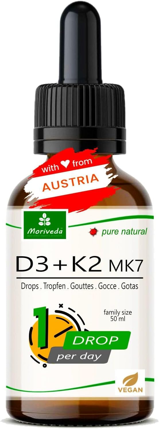 Vegan Vitamin D3 + K2 Drops – 1700 Drops – 1000 IU D3 + 20µg K2 MK7 per drop – 50ml bottle of Moriveda