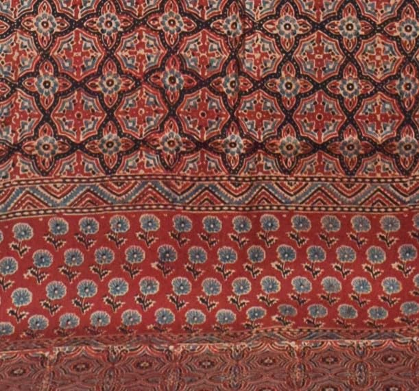 Image of Ethnics of Kutch Womens Ajrakh Modal Silk Natural Dye Golden Border Hand Block Print Saree with Blouse Piece - 5.5 Mtr Length (Red 05C01A)