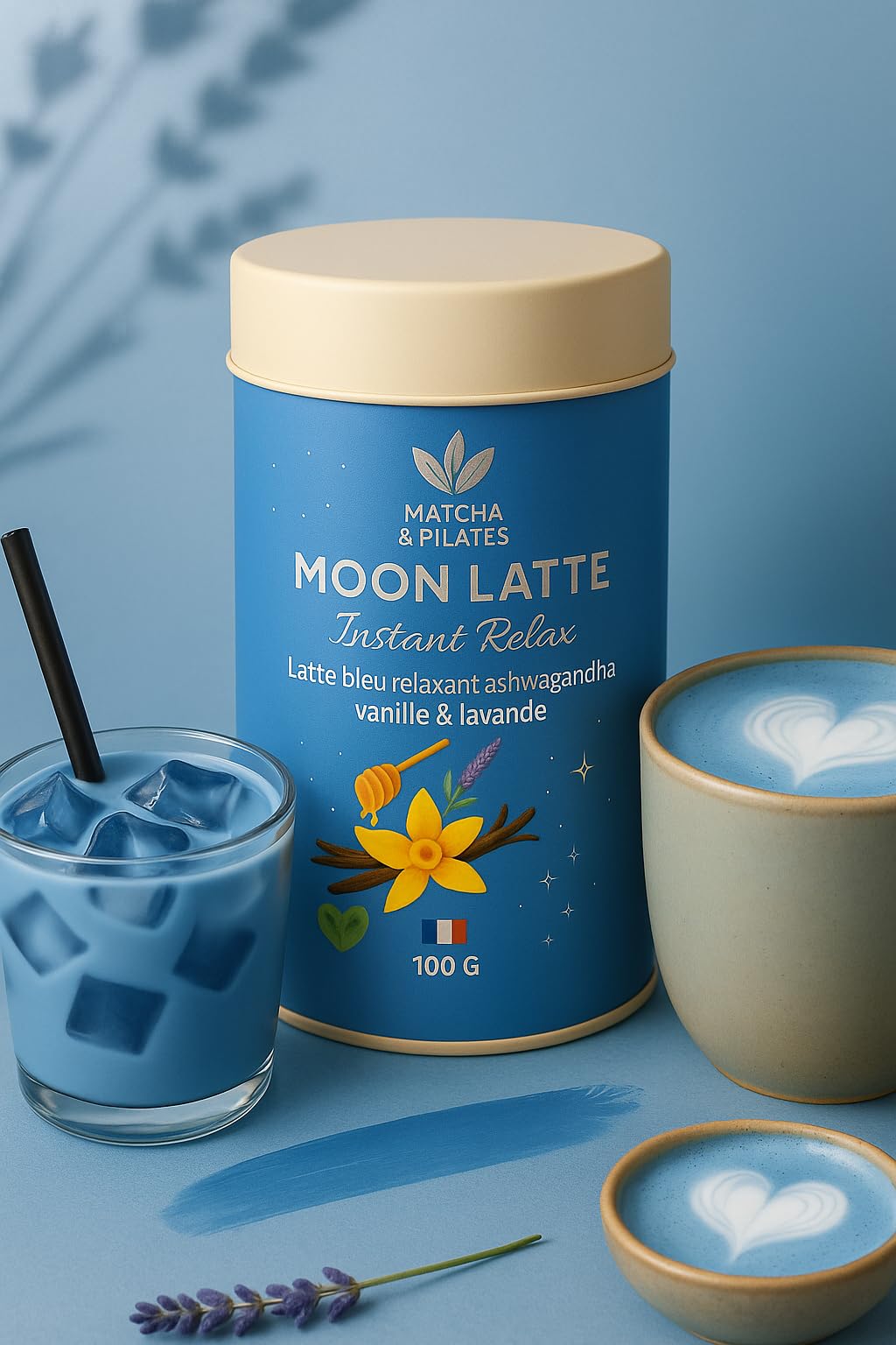 Matcha & Pilates Moon Latte Relax – Latte Bleu à l’Ashwagandha – Vanille & Lavande – Boisson Bien-Être Sans Caféine – 100 g