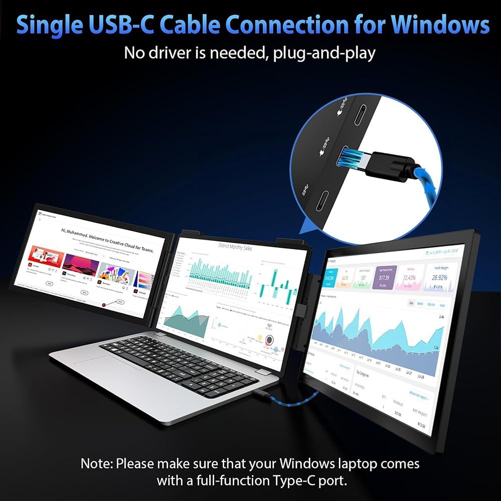 Extensor USB-C para Portátil con Pantalla IPS FHD de 14 Pulgadas y Dos Monitores para Comercio, Programación y Juegos.