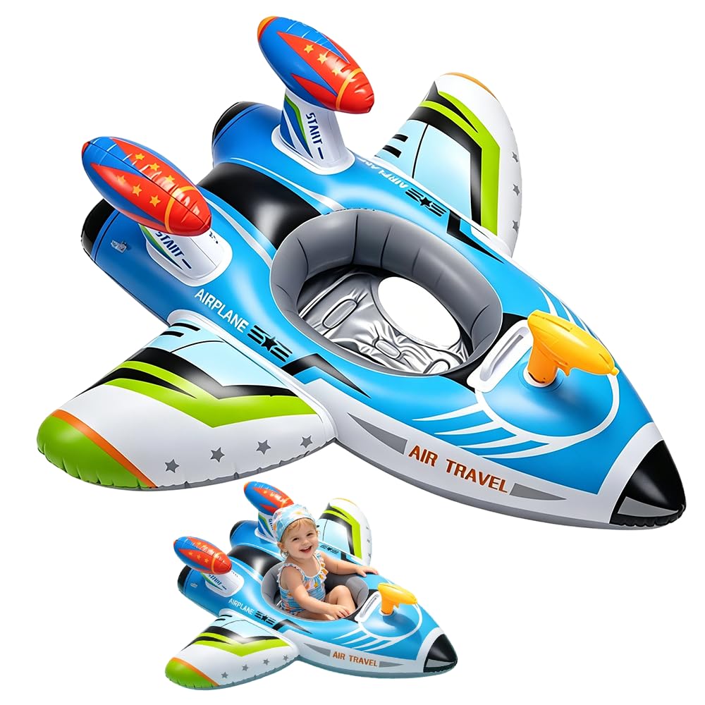 Inflatable Airplane Pool Floats, Baby Swimming Float with Squirt Gun and Handle, Baby Swimming Ring, Inflatable Ride-on Pool Toys for Summer Water Pool Beach
