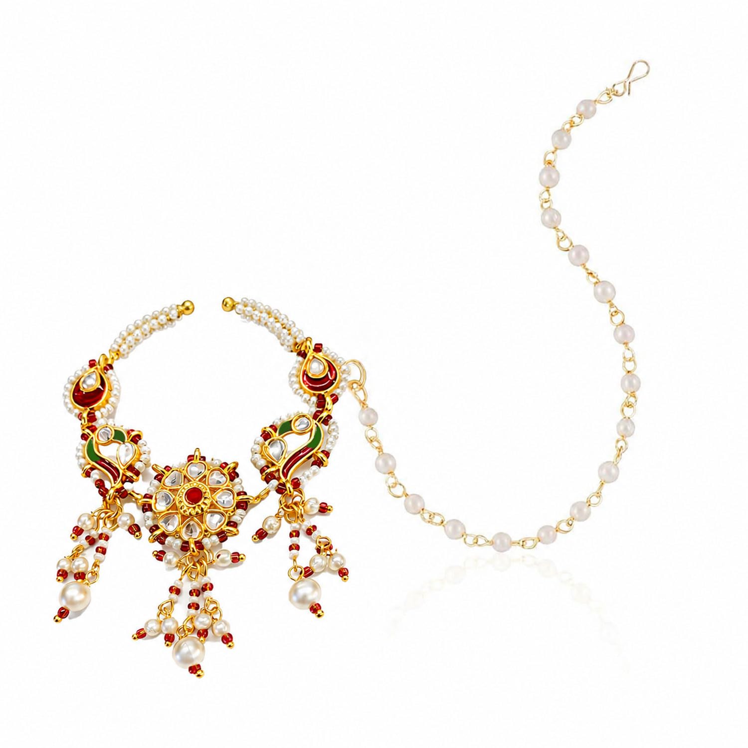 vama FASHIONS Gold Plated Traditional Rajasthani Pecock Desgin Nose Ring Red Stone Rajputi Big Bridal Nathiya Pearl Nath With Chain Without Pressing Piercing Clip on Nathni For Women-picture-39