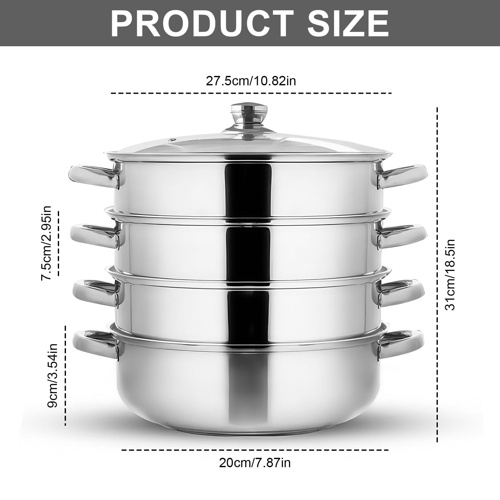 Steamery - Vaporera y olla de vapor de 28 cm - Vaporera de acero inoxidable con inserto, 4 niveles de utensilios de cocina con tapa para verduras, mariscos, sopas, guisos y pasta (cuatro – 4)