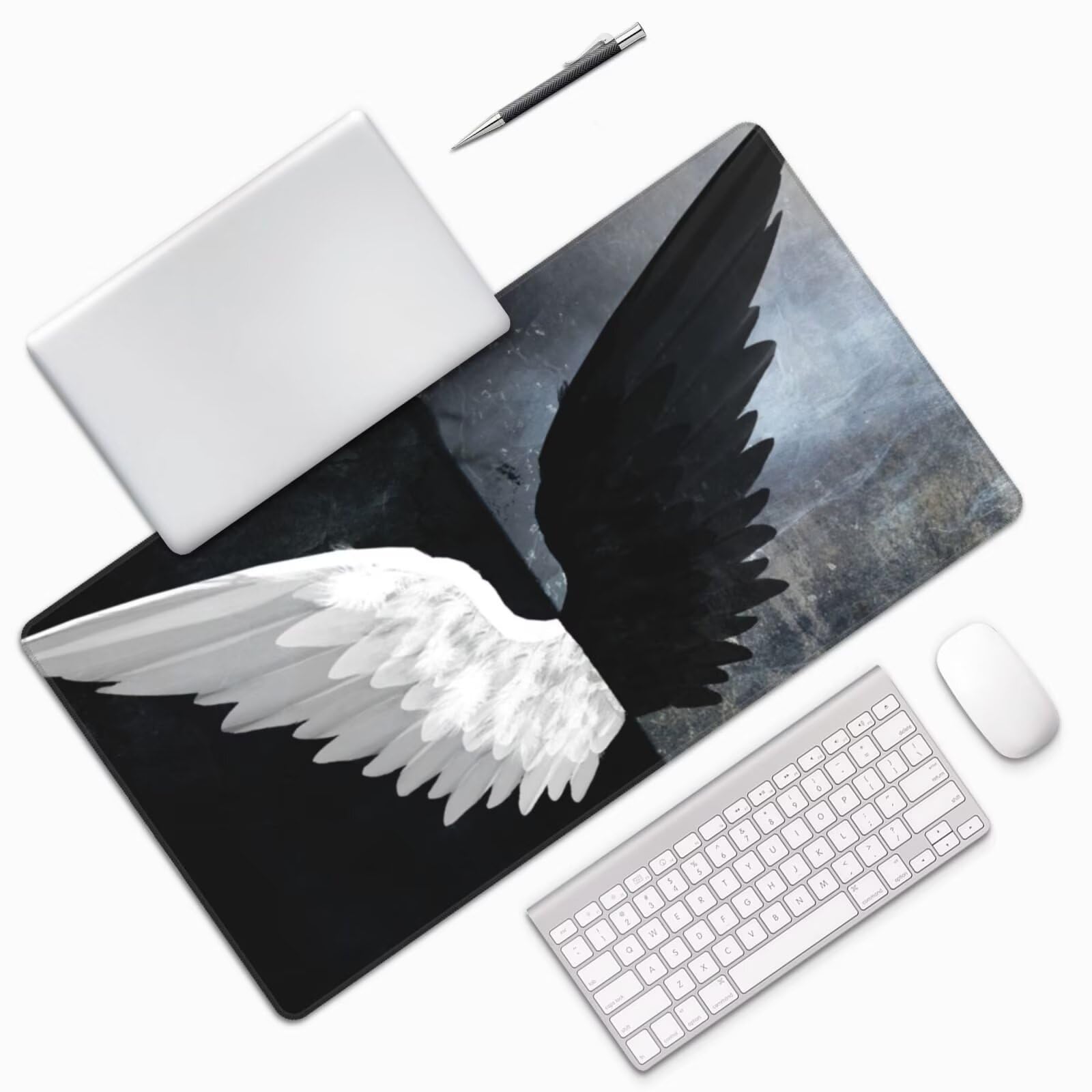 Gaming Mauspad XXL 1200x600x3mm Mousepad Verlängertes Groß Mauspad Schreibtischauflage,Genähte Kanten rutschfeste Gummibasis,Verbessert Präzision Geschwindigkeit Office Schwarze weiße Flügel L-2266