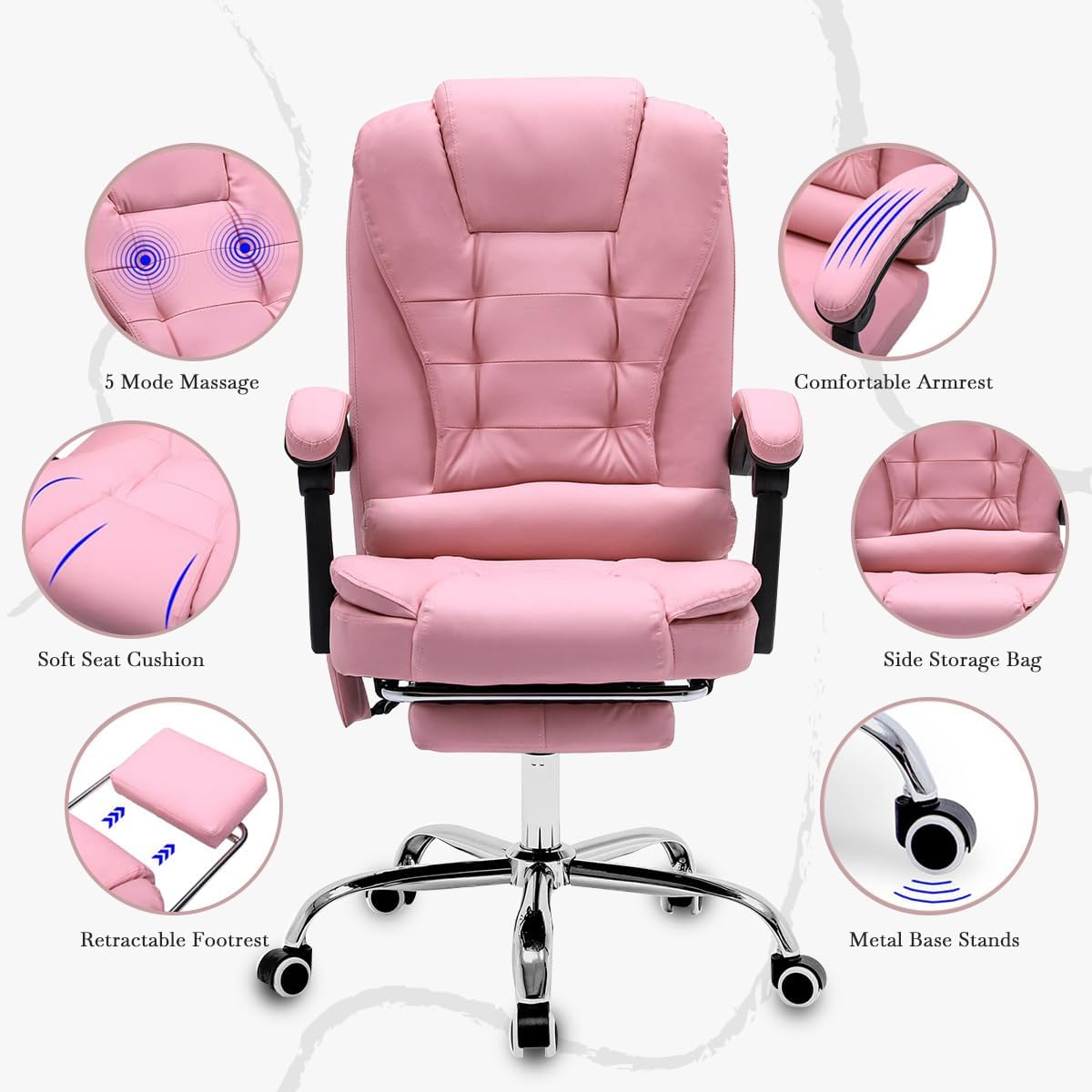 Cadeira De Escritório, Cadeira De Com Apoio Para Os Pés E Encosto Ajustável (Rosa)