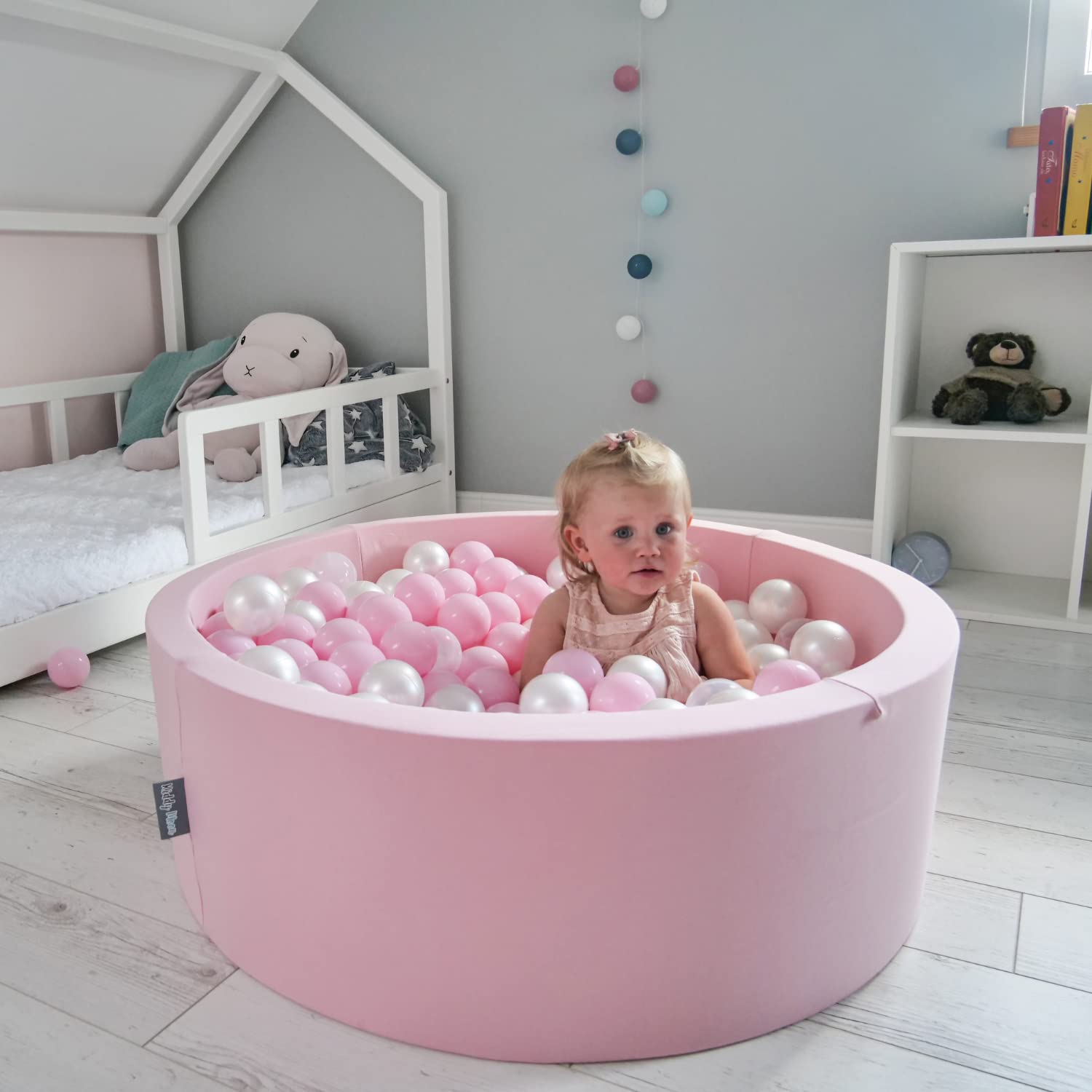 Piscina De Bolas KiddyMoon De 90x30 Cm Con 200 Bolas De 7 Cm – Colores Verde, Rosa Y Amarillo, Hecha En La UE