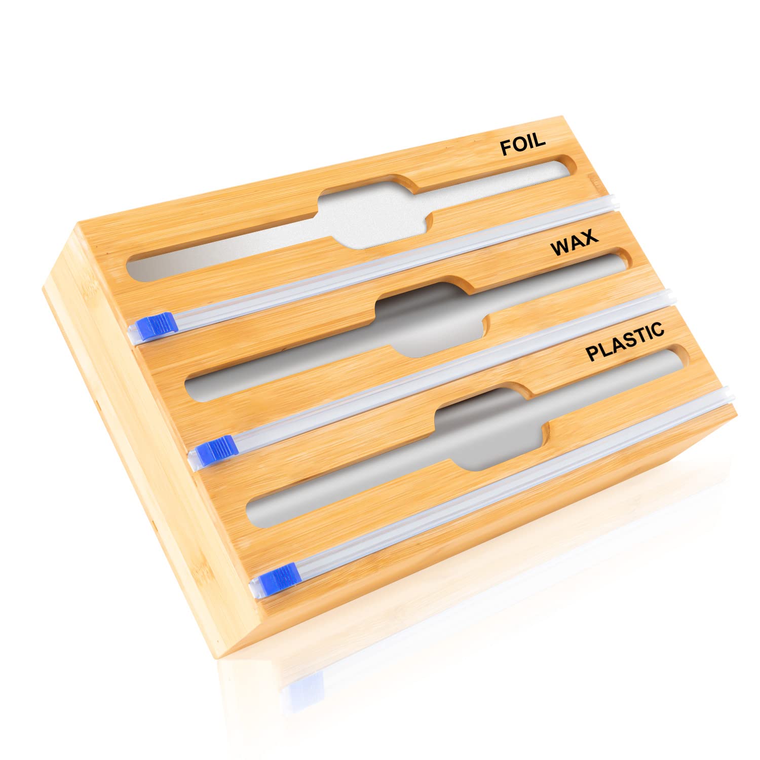 Wrap   Dispenser  with  Cutter , SEKEED 3 in 1 Foil and Plastic  Wrap  Organizer for Kitchen Drawer, Bamboo Roll Organizer Holder Fit for Plastic, Aluminum Foil and Wax Paper, Compatible with 12" Roll