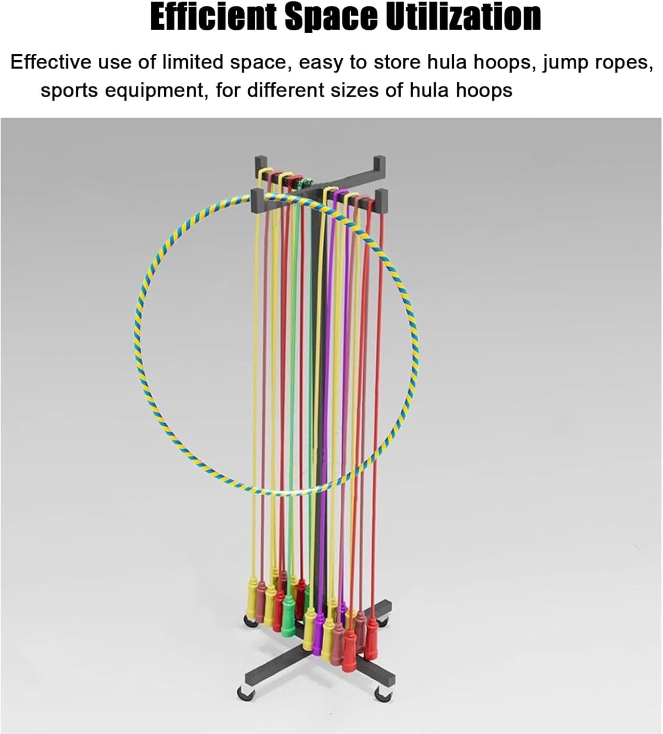 Metal Hula Hoop Jump Rope Cart, Stand Up Exercise Hoop Holder Stand for School Elementary PE Hoops Display Rack with Wheels