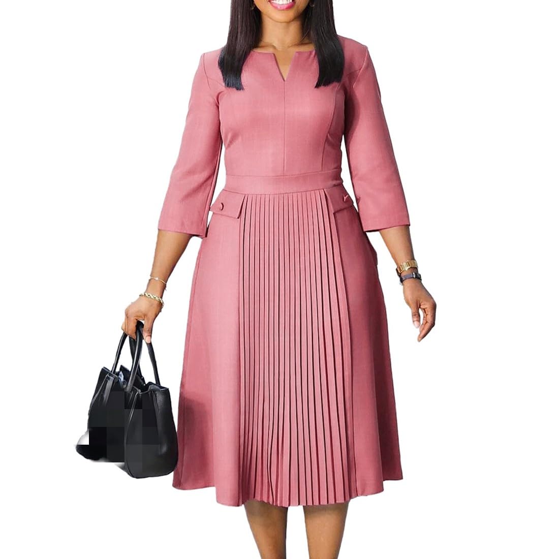 Wear to Work Midi Dress for Women High Waist Pleated Pencil Dress Business Casual A-line Dress Church Outfits