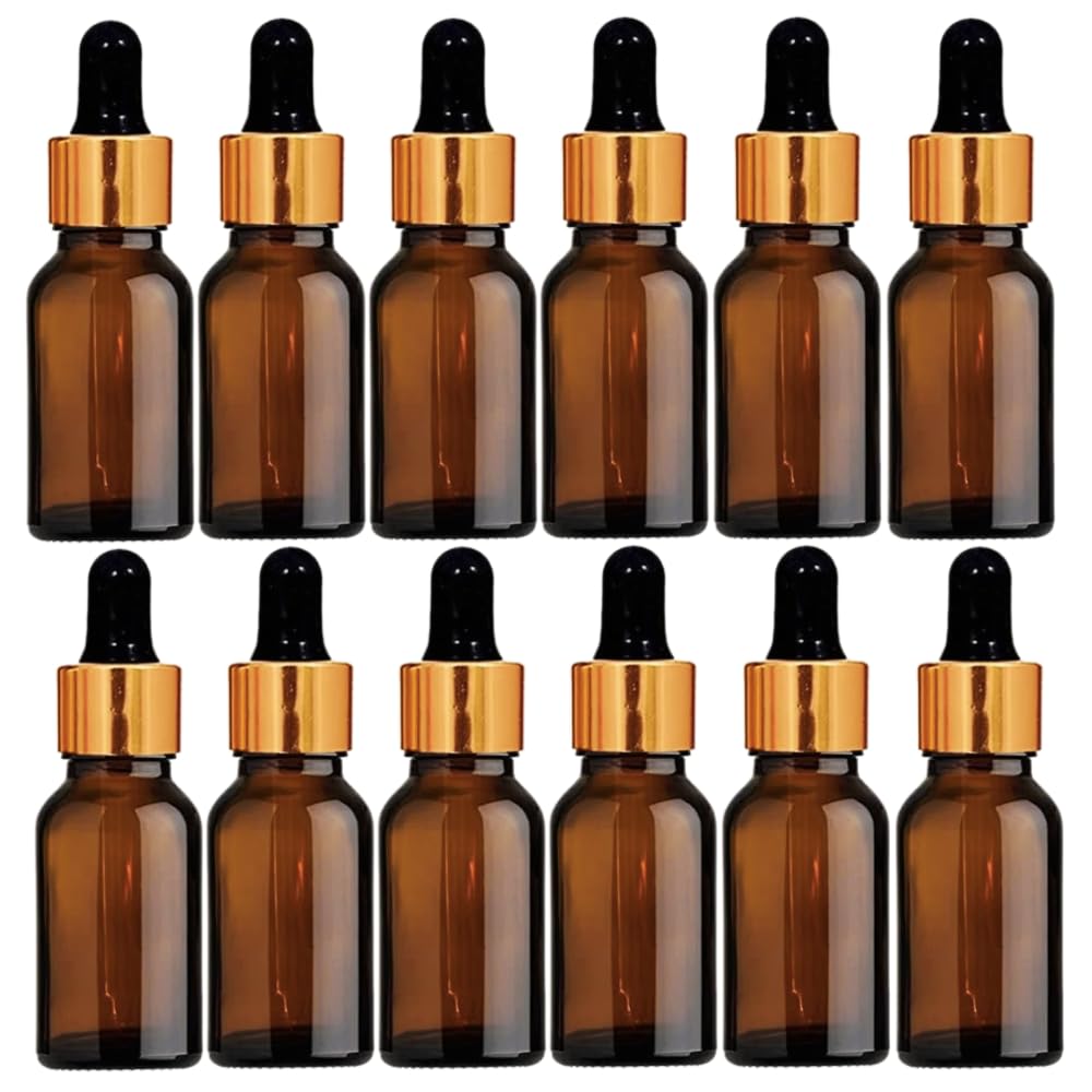 Velpacs 30 ml Amber Round Glass Dropper Bottle With Premium Golden Ring and Black Silicone Teat Dropper | For Essential Oils, Skin Care, Cosmetics | Refillable, Travel Size (Pack of 12)-image-6