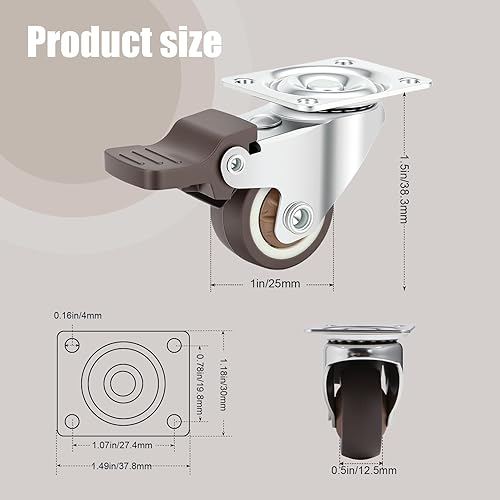 Miniatura 2 de Nefish Paquete de 4 ruedas giratorias pequeñas de 1 pulgada para muebles de perfil bajo, ruedas de goma suave, ruedas giratorias de placa giratoria,