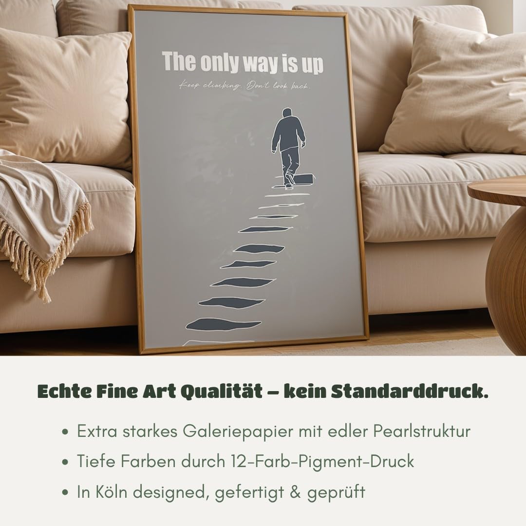 MJ-GRAPHICS® Motivierend Poster Aufstieg Wandbild minimalistisch Stil Grau modern Wohnzimmer DekoInspirierend Kunstdruck Treppe Büro Wanddeko zielstrebig Bilder A2 mit beigem Rahmen