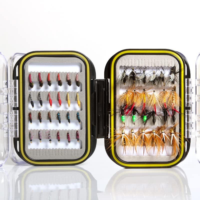 Fly Fishing Flies with Waterproof Fly Box Kit for Bass Trout Salmon 32Pcs/48Pcs/88Pcs/100Pcs Premium Hand-Tied Dry Flies, Nymphs, Scud Streamers Lures Starter Kit with Hooks