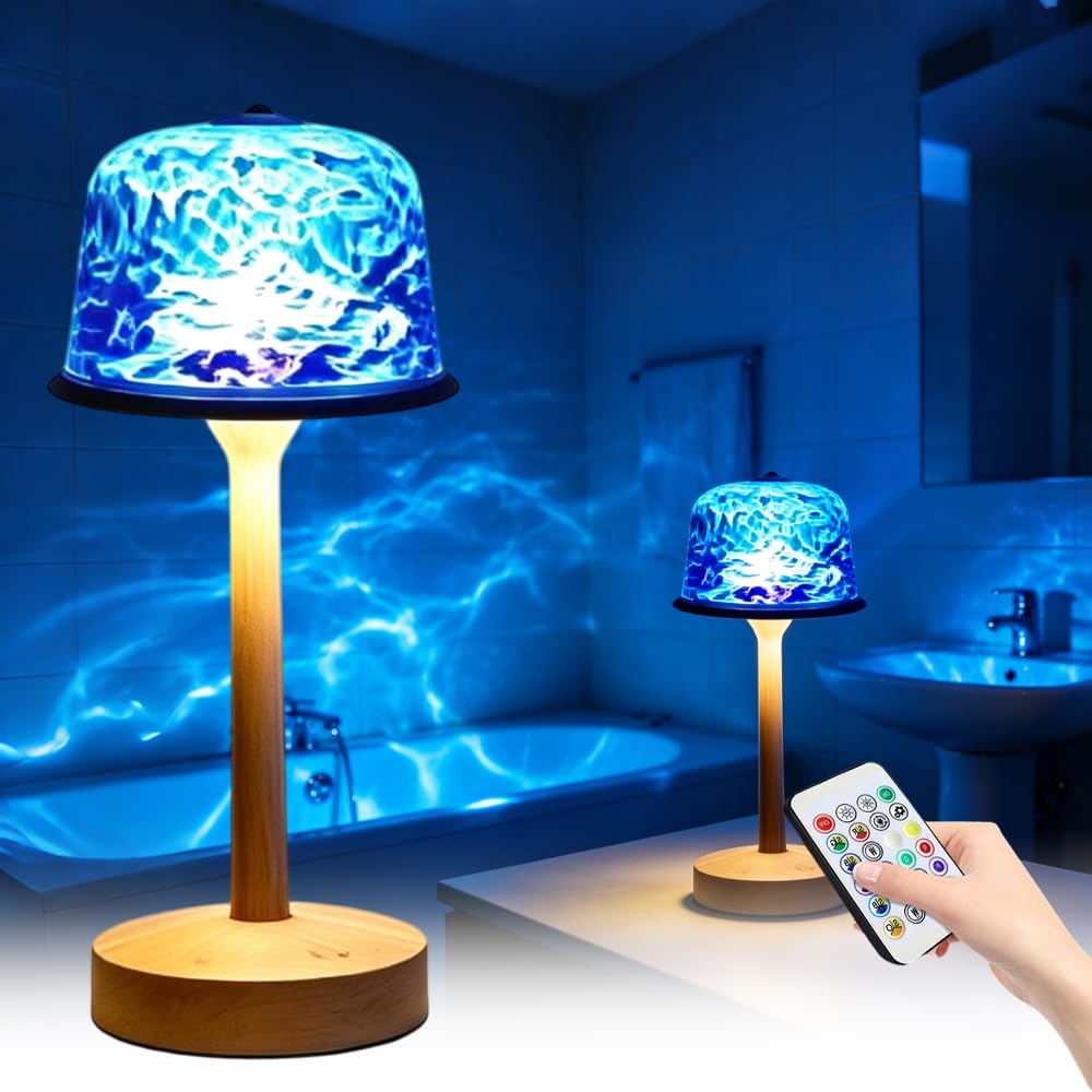 KUWUNG Shower Lamp, Spa-Like Cordless Light - Waterproof Bathroom Lamp with 16 Color Ocean Wave Projector, Rechargeable Light Touch & Remote Control for Bathroom, Nursery, Bedroom & Inside Shower