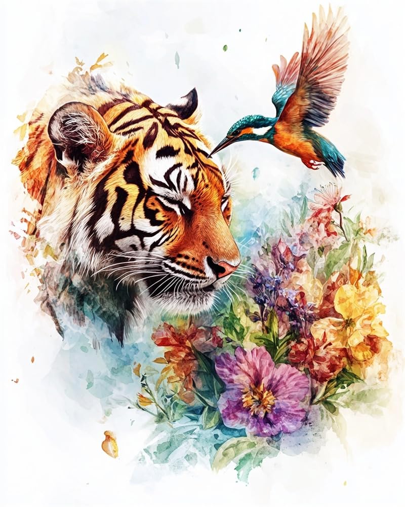 Henypt Counted Cross Stitch Kits for Adults Embroidery Tiger and A Kingfisher 11Ct Stamped Cross Stitch Kit Pattern Embroidery Kit Pre-Printed Fabric Home Decor Adult Craft Kits