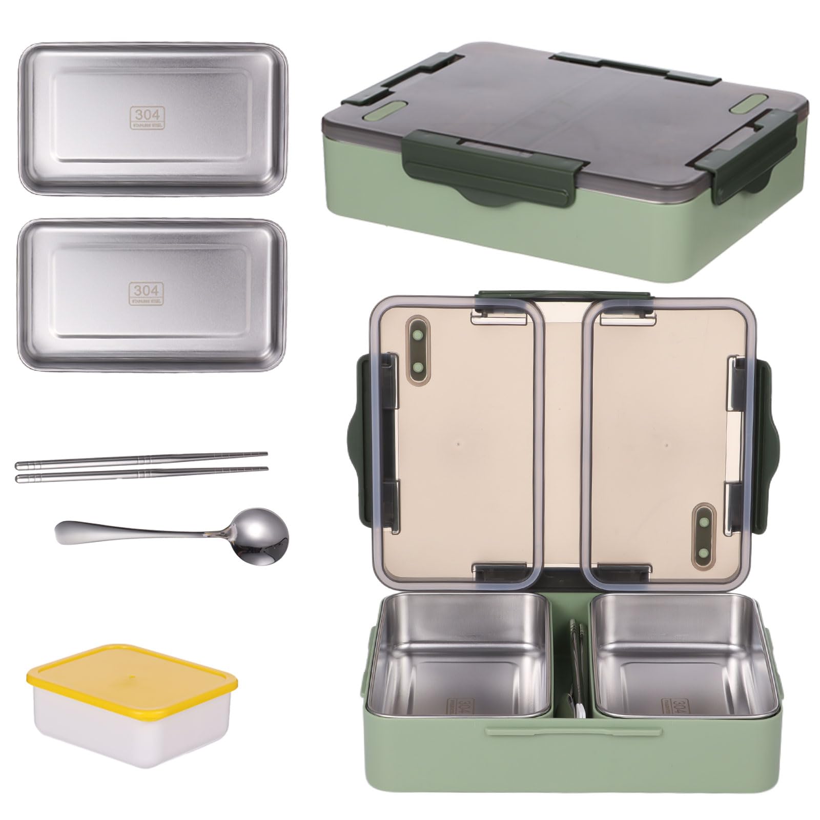 Boîte bento 1000 ml, boîte repas étanche avec 2 compartiments en acier inoxydable, récipient micro-ondable avec cuillère, baguettes, petit bol en plastique pour travail, pique-nique, meal prep