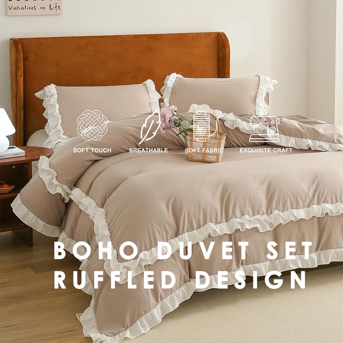 Wotcsil Taupe Ruffle Bedding Set for Women Girls Ruffled Double Duvet Cover Set Plain Duvet Cover Shabby Chic Retro Double-Layer Frill Edge Design with Pillowcase - Image 3