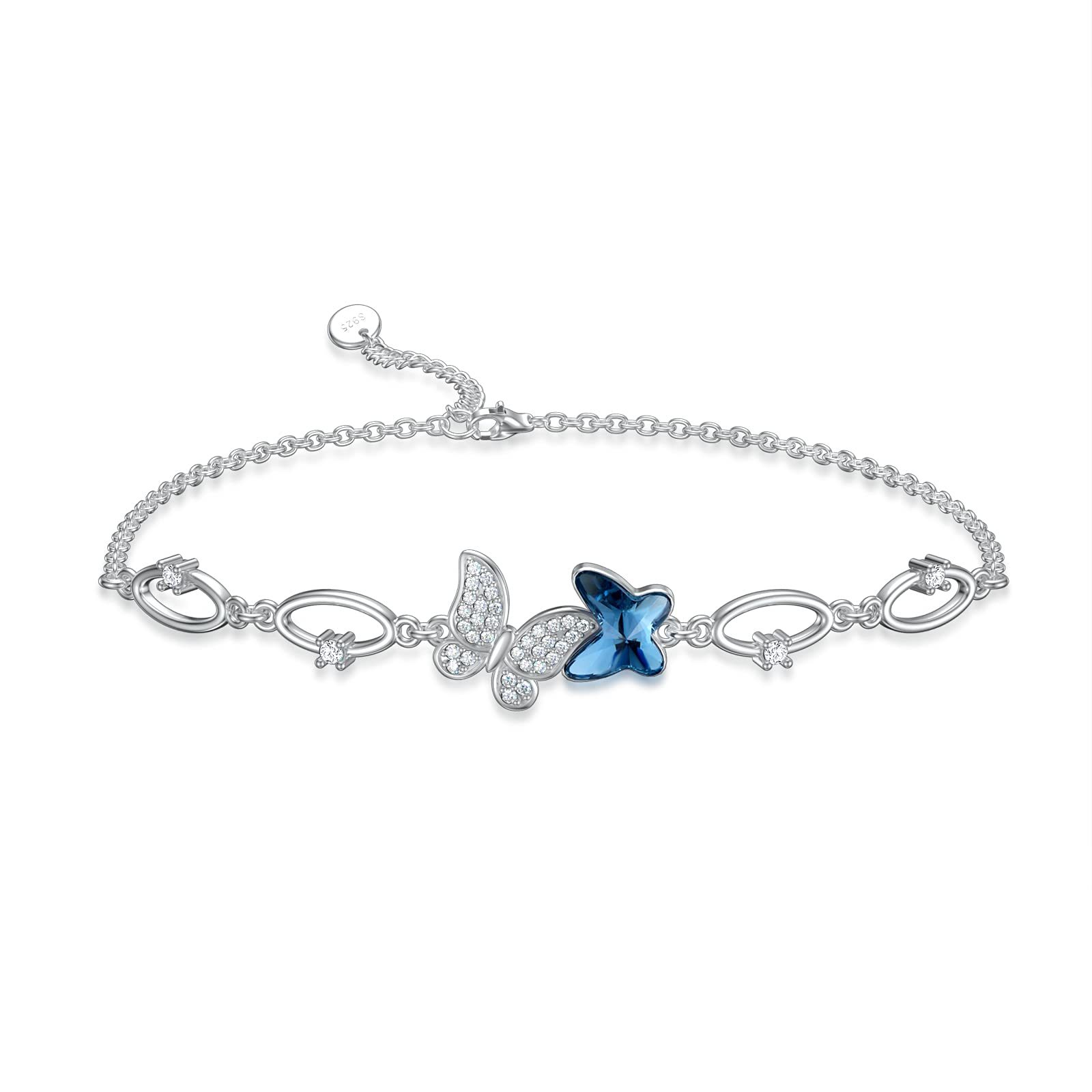Mariposa/libélula pulsera, joyas mariposa libélula azul/púrpura cristal damas de honor pulsera plata 925 mujer regalo de graduación para niñas mujeres, Adjustable (17.78 cm + 2 extension