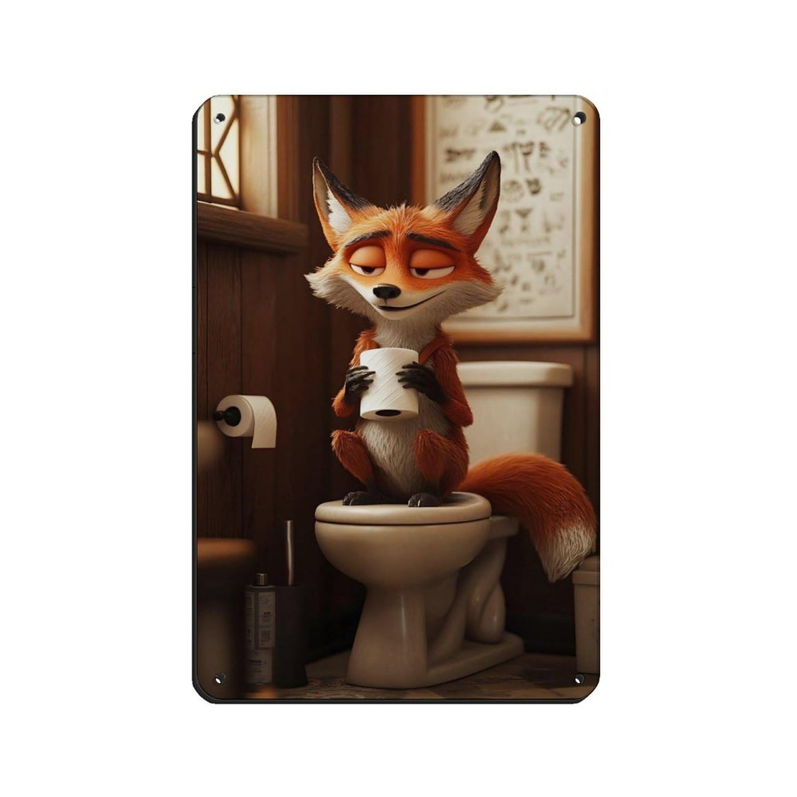 Funny Fox BathroomCute Fox Holding Toilet Paper Tin Sign Vintage Metal Pub Club Cafe Bar Home Wall Art Decoration Poster Retro 8x12inch(20x30cm)