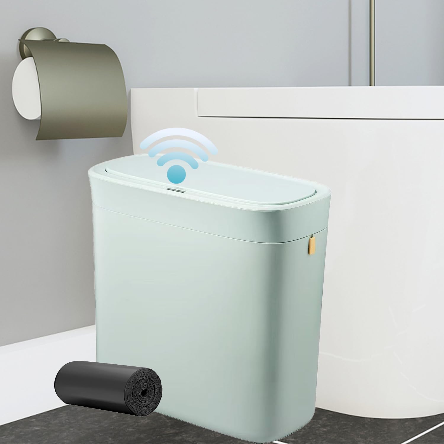 ianomla Automatic Bathroom Bin with Lid, 12L Slim Sensor Garbage Can, 2.6 Gallon Plastic Waterproof Motion Sensor Rubbish Bin with Trash Bags, for Bedroom, Living Room, Narrow Space, Morandi Green