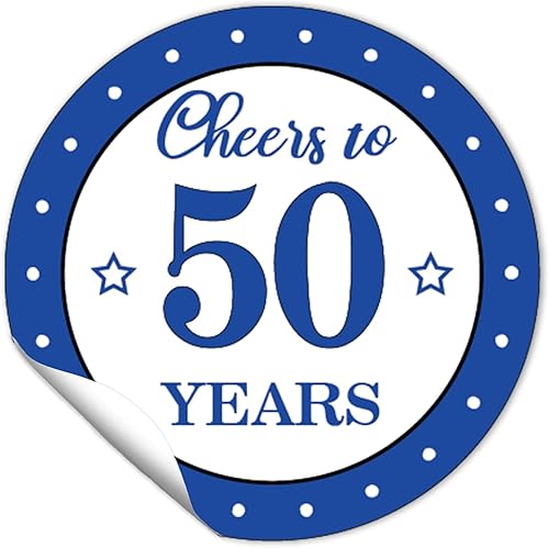 Miniatura 1 de Calcomanías redondas de 1.5 pulgadas para cumpleaños número 50 (80 piezas) calcomanías azules de Cheers to 50 años, calcomanías adhesivas para