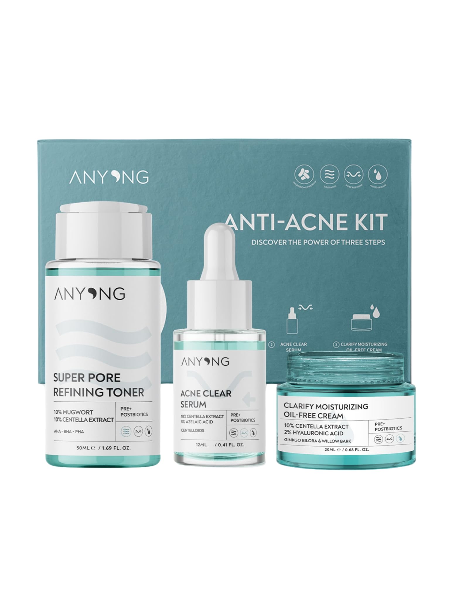 Anyong Akne Karşıtı Ve Gözenek Sıkılaştırıcı Karma-yağlı Cilt Bakım Kiti (TONİK, SERUM, KREM)/ Azelaik Asit (50 ML + 12 ML + 20 ML)