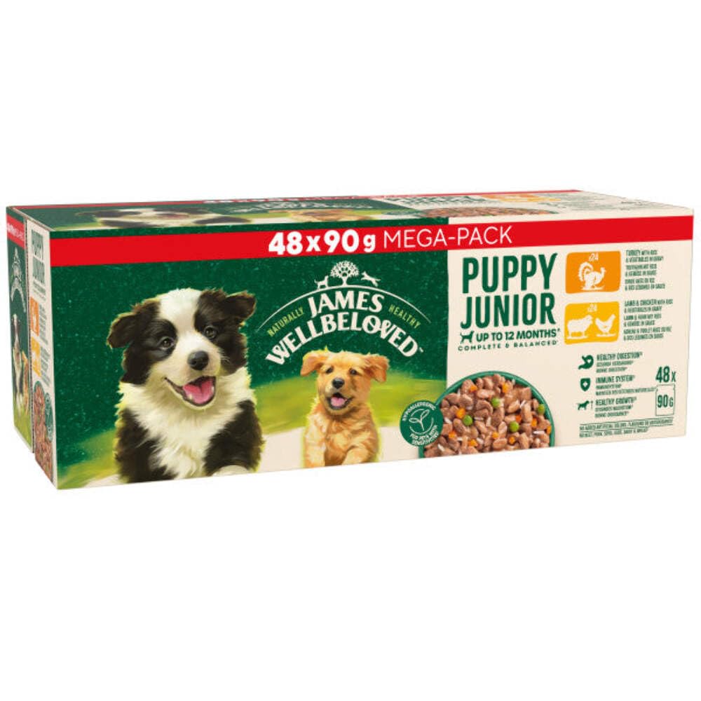James Wellbeloved Getreidefreies Junior Hundefutter für Welpen mit Pute, Lamm und Huhn im Soßenbeutel, 48 x 90 g