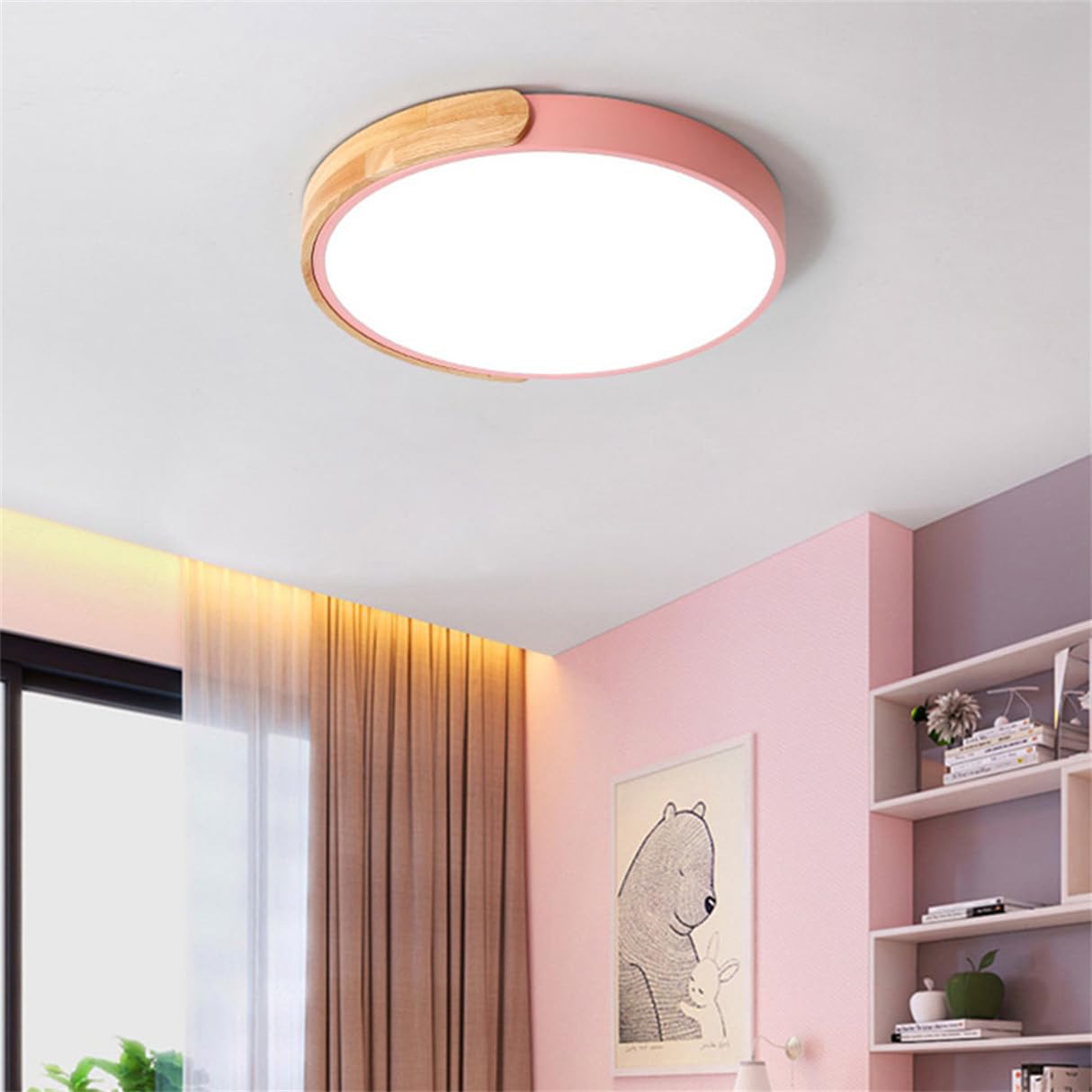 Trójkolorowa lampa sufitowa do sypialni, metalowy klosz dębowy