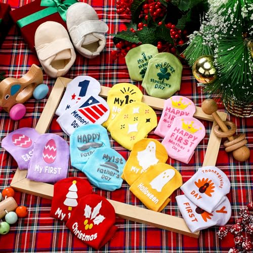 11 Pairs Baby Socks Gift Set Baby 1st Christmas Socks Baby Socks with Sayings on The Bottom Non Slip Unique Newborn Baby Socks with Grips for Various Festival Seasons Unisex,0-12 Months2