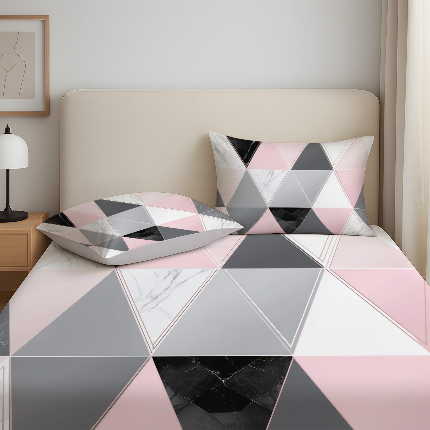 Geometrisch Abstrakt Spannbetttuch Modern Dreieck Marmor Linien Spannbettlaken 140 x 200 x 30 cm 3teilig Mikrofaser Bettwäsche Set mit 2 Kissenbezüge 80 x 80 cm Kein Flachbettlaken