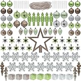 ITART 115pcs Christmas Tree Ornaments Assortment Neutral Including Star Tree Topper Balls Large Snowflakes Pine Cone Beads Garland Hanging Nutcracker Figurines for Christmas Tree Decor