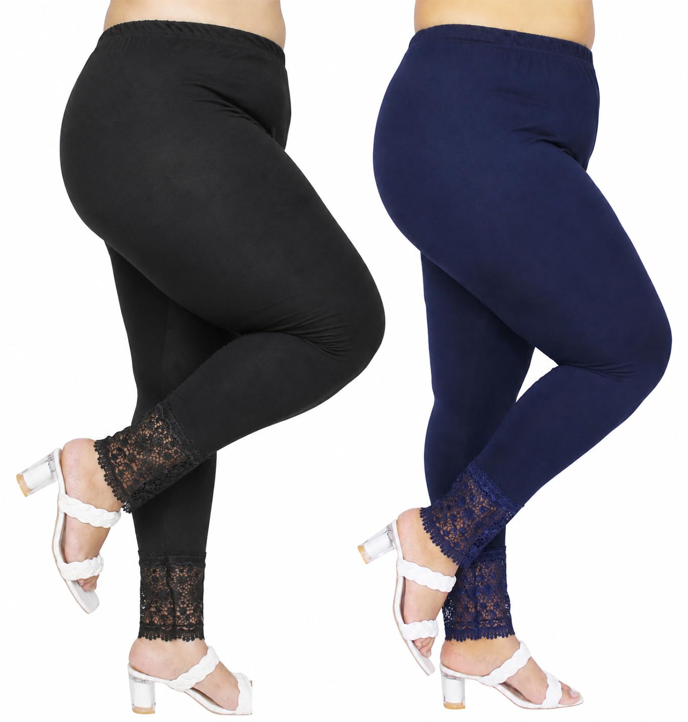 Buy Women's Plus Size Lace Hem Leggings, Black & Navy Blue (in