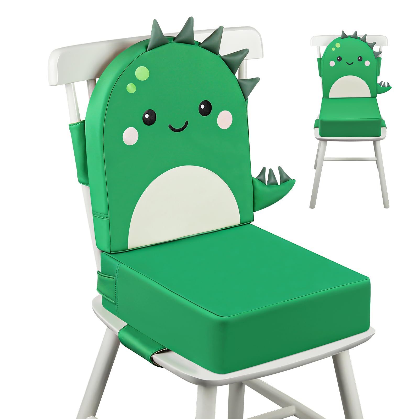 Rialzo Sedia per Bambini 2 Pezzi, 10cm PU Portatile Alzasedia Da Tavolo, Cuscino Sedia, con Cinghie Regolabili per Seggioloni Alza Sedia - Dinosauro Verde
