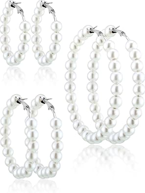 Hicarer 3 Pairs Pearl Hoop Earrings Pearl Earrings for Women Girlfriend Brides Gift Silver Earring Needle