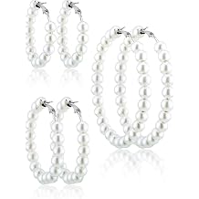 Hicarer 3 Pairs Pearl Hoop Earrings Pearl Earrings for Women Girlfriend Brides Gift Silver Earring Needle