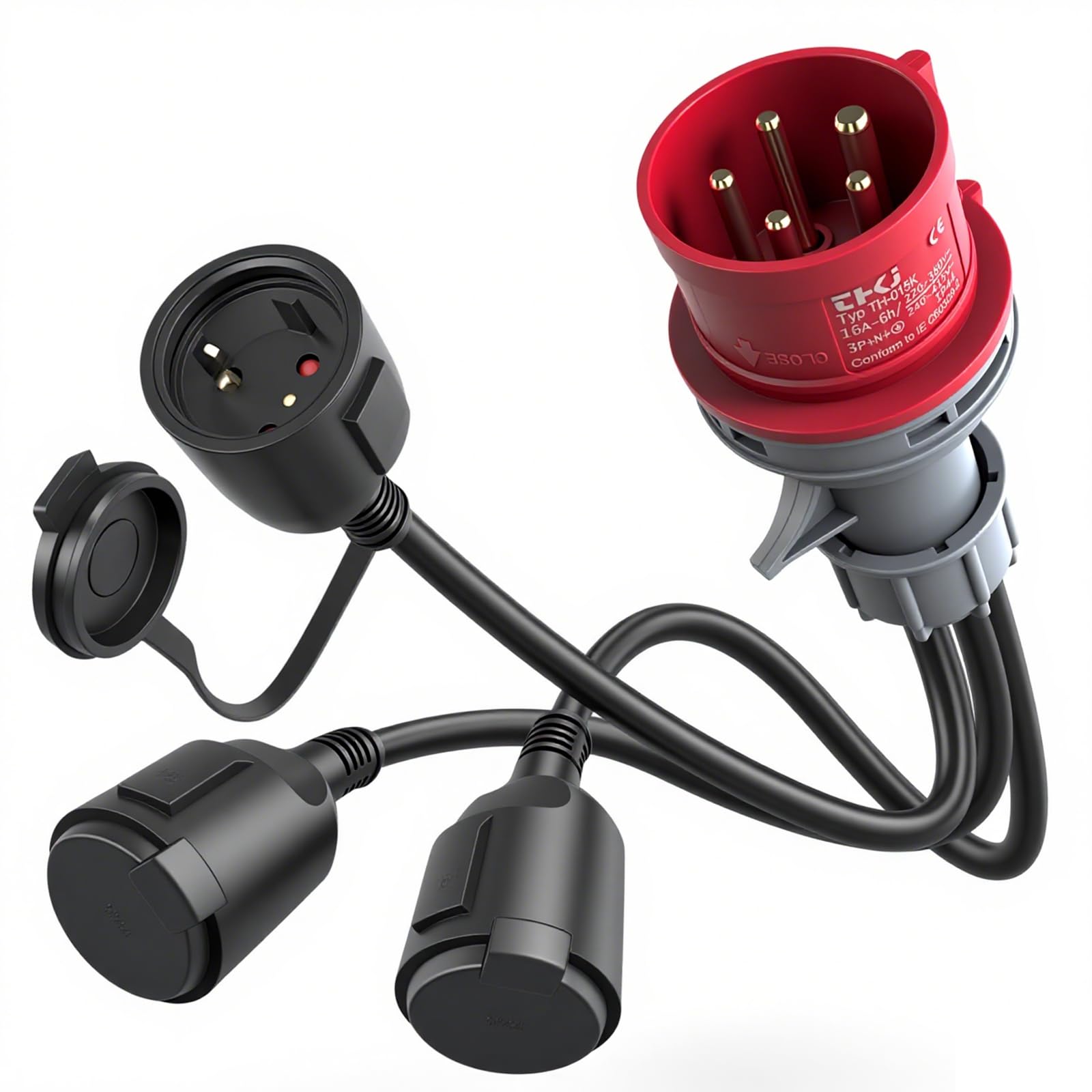 CEE Starkstrom Verteiler, 400V 16A auf 3X 230V Adapter Starkstrom, Starkstrom Adapter 400V auf 230V 16A Verteiler für Camping, Boot, Caravan, IP44, 3x1.5mm²