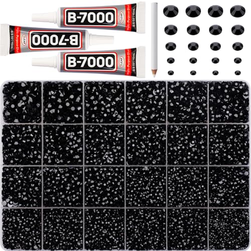 32000Pcs Black Rhinestones for Bedazzling Assorted Sizes 2-6mm Flatback Gems Bedazzle Kit with B7000 Glue Flat Back Resin Gem Rhine Stone Diamond Crystal Gemstone Jewel for Crafting Clothes