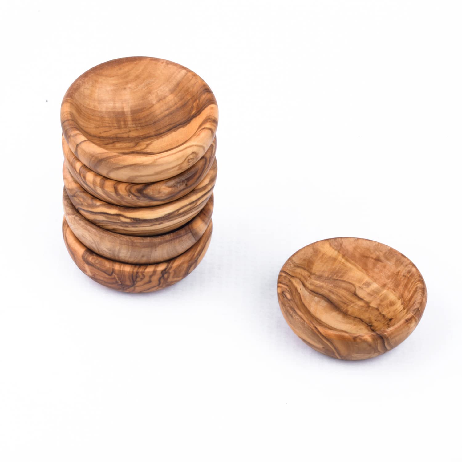 hochwertige dip Schälchen Set aus exklusivem Olivenholz – Tapas Schalen Set - kleine Schale für Oliven & BBQ Saucen - Dip Schüssel für -Ø 8 cm 6er Set
