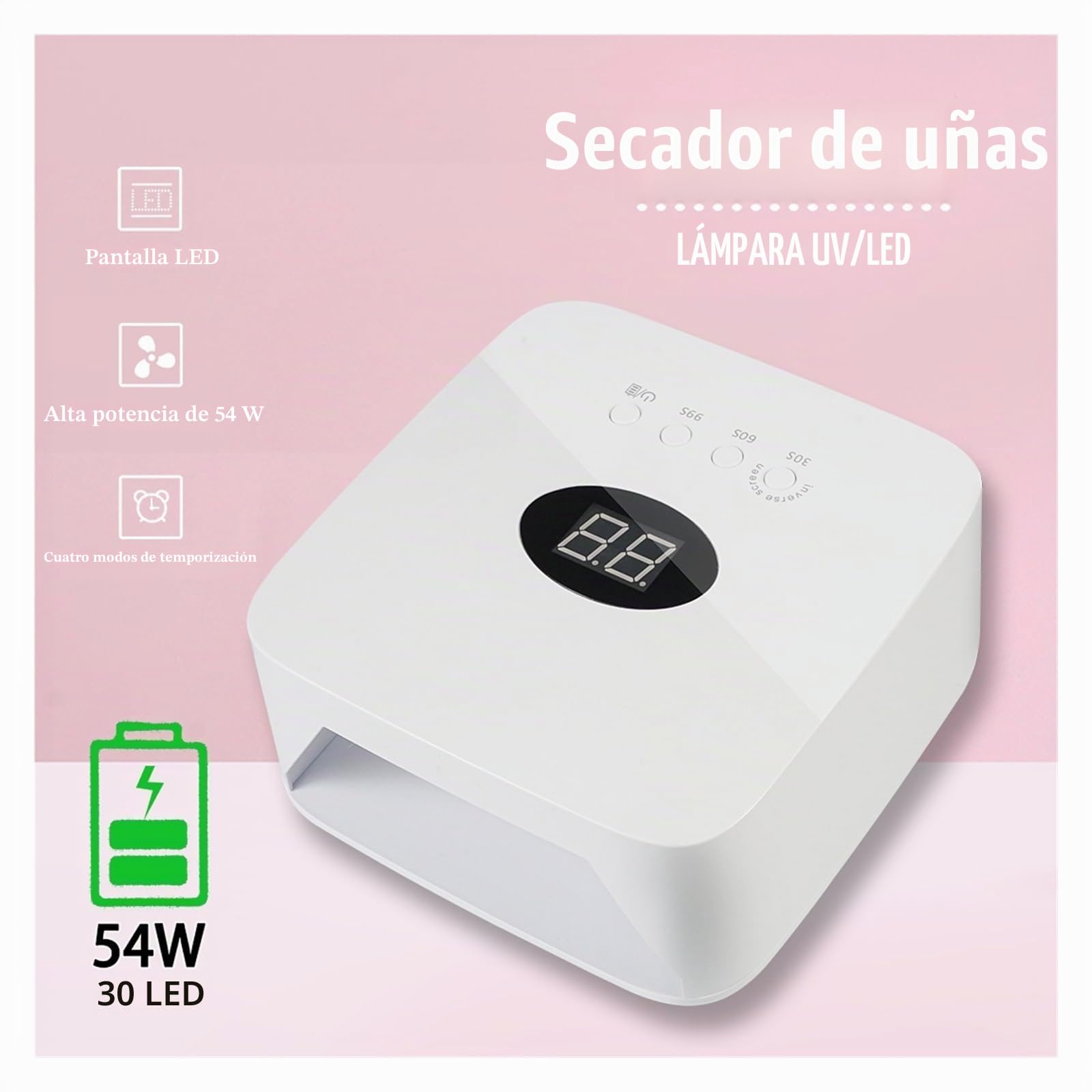 Lampara Uñas Semipermanentes, Lámpara de uñas LED UV de 54W, máquina secadora de esmalte de Gel inalámbrica recargable for uñas, luz UV for uñas, manicura profesional inalámbrica ,para el hogar y el s