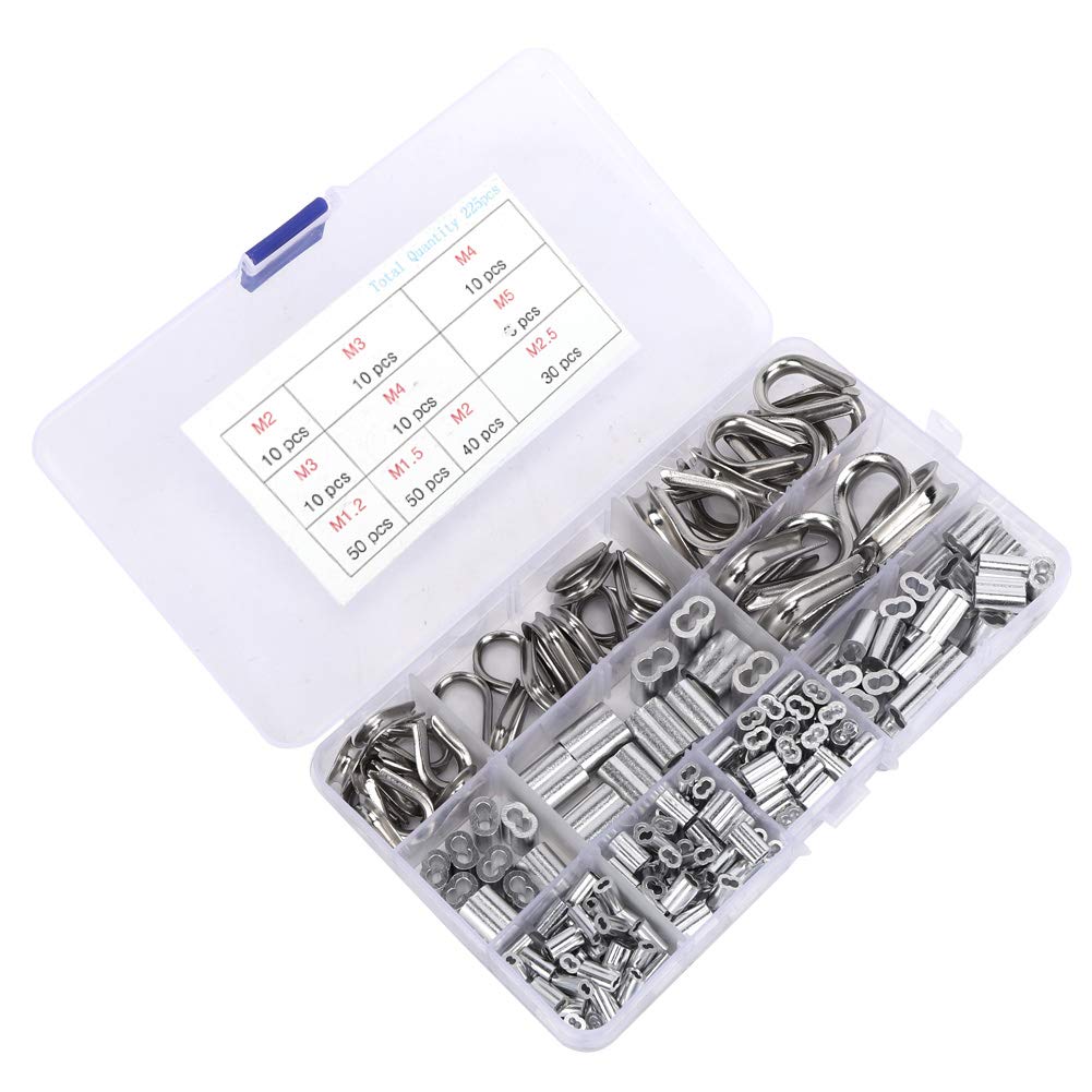 Cocoarm 225 Piezas Kit de Funda de Bucle de Prensado Juego de Dedales de Cuerda de Alambre de Acero Inoxidable de Aluminio Surtido M1.2 a M5 para Reparación de Aparejos de Cables Uso de Manitas
