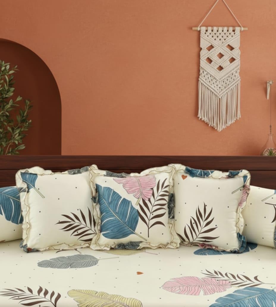 Tropical Leaf Print Diwan Set with Cushion Covers and Bolsters, Cream, Multicolour-image-14