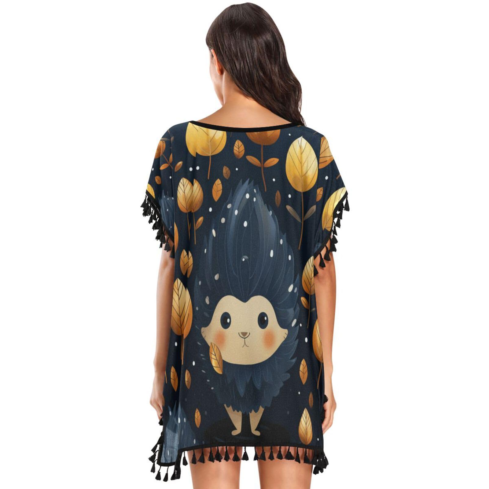 Forest Cute Animal Hedgehog Women's Beach Cover Up Chiffon Tassel Swimwear Swimsuit Coverups for Girl